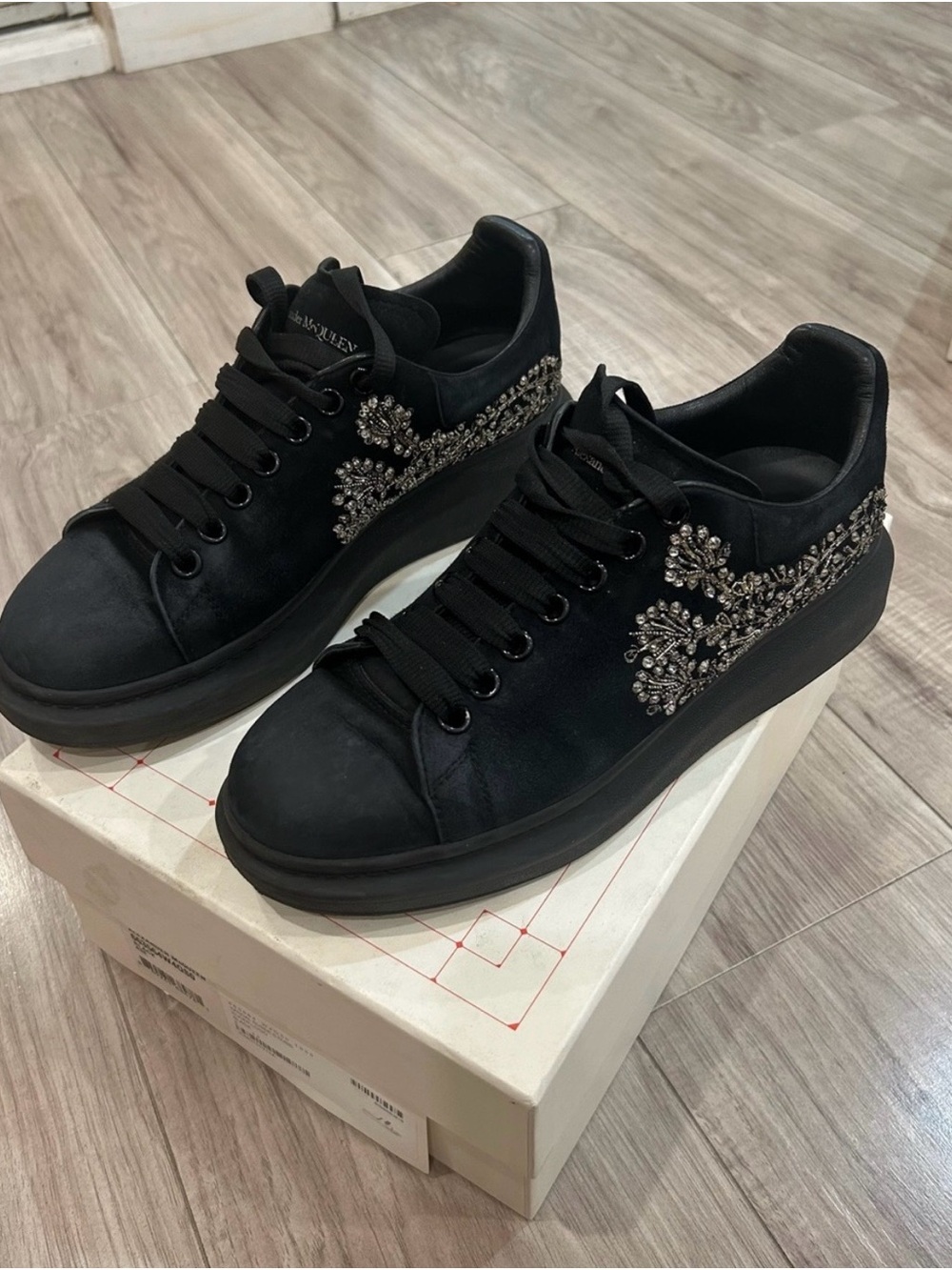 Alexander McQueen Black Satin Sneakers with Crystal Floral Accents